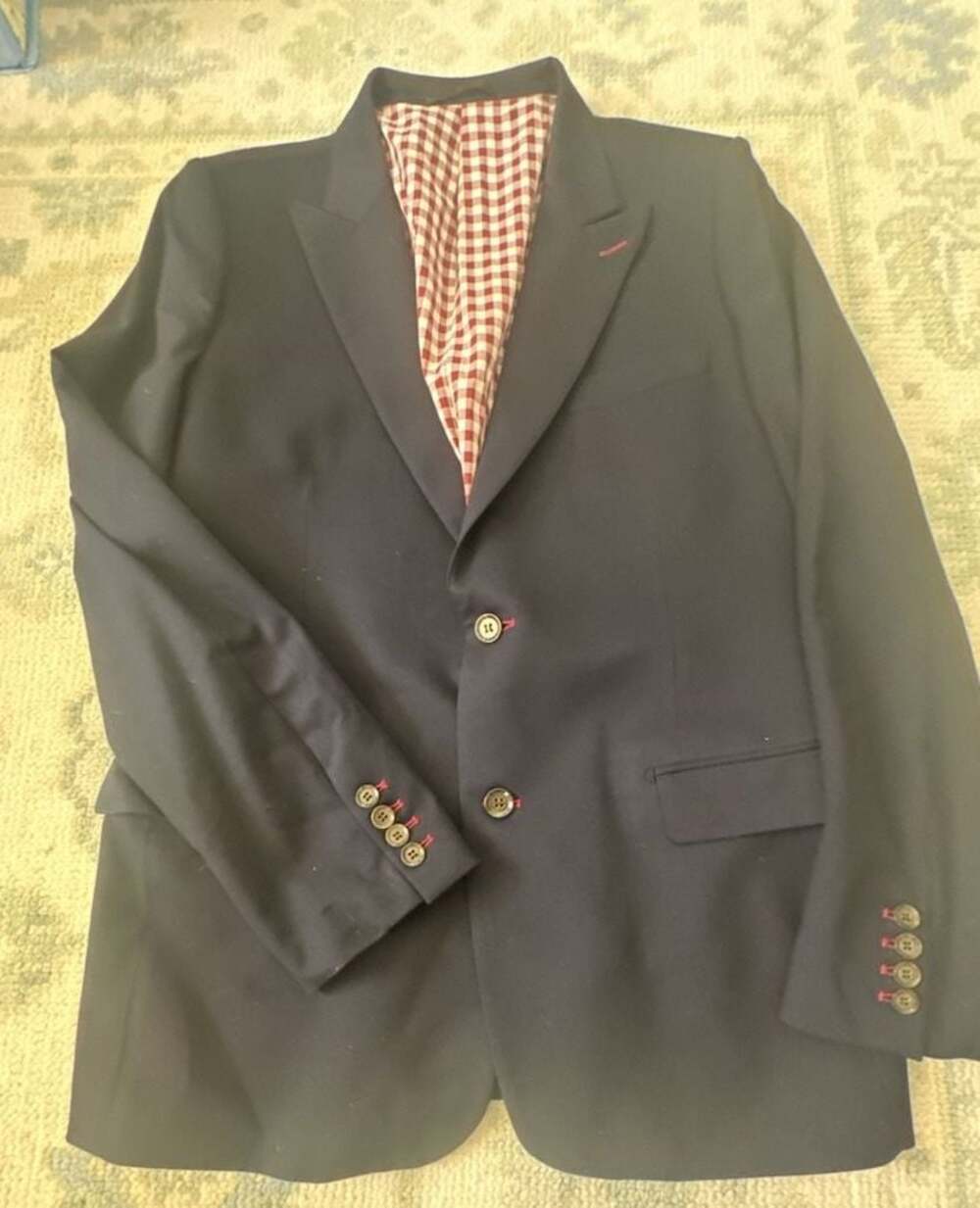 Custom State & Liberty Dark Navy Blazer w Red & White Gingham Interior Lining